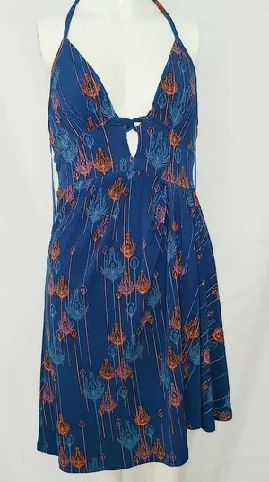 Free People Blue Peacock feather print Lined Halter Dress Boho Extra Small‎ XS thumbnail 1