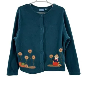 Croft & Barrow Teal button front fleece Sweater L scarecrow fall embroidered thumbnail 1