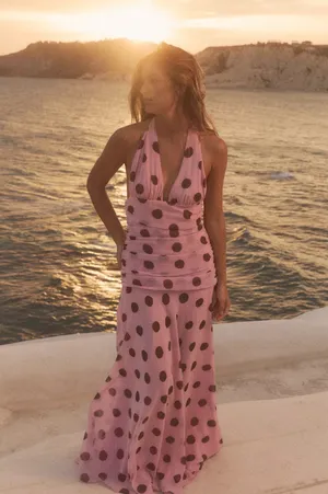 Zara Pink Polka Dot ruffled Maxi Dress bohemian summer vacation bodycon thumbnail 12