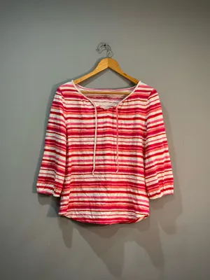 Pink Talbots Striped Tie Neck Blouse Size L EUC thumbnail 3