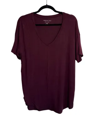 American Eagle Soft & Sexy Tee Solid Maroon V-neck Short Sleeve thumbnail 1