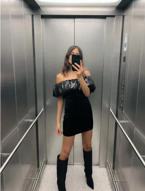 Zara Off-Shoulder Black Mini Dress with Sequin Trim thumbnail 4