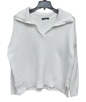 Lauren Ralph Lauren White‎ Fold Over Collar Waffle Knit Sweater Women's Size XL thumbnail 1