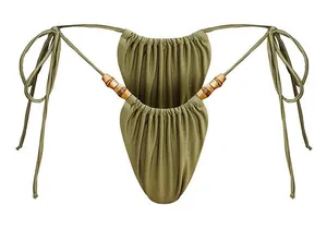 Pretty Little Thing New‎ OLIVE WOODEN BEAD RUCHED TIE SIDE BIKINI BOTTOMS thumbnail 1