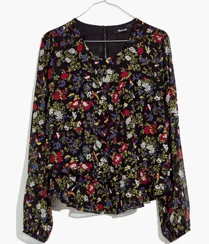 Madewell Sheer-Sleeve Ruffle Peplum Top Blouse in Black Finch Floral‎ Size Large thumbnail 1