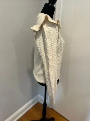 Madewell Hollydene Sz:M Merino Wool ruffle shoulders cream cable-knit sweater. thumbnail 3