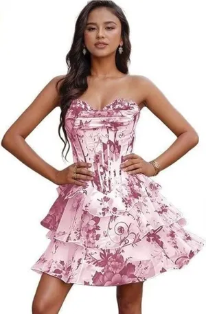 New Floral Pink Chiffon Strapless Tiered A Line Mini Prom Homecoming Formal Gown thumbnail 1