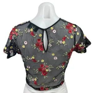 Storia Womens Black Lace Sheer Embroidered Floral Short Sleeve Crop Blouse Top S thumbnail 3