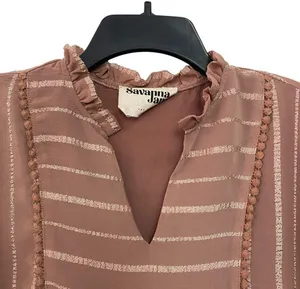 Savanna Jane Women's Split Neckline Brown Top Blouse ¾ Balloon Sleeves Size L thumbnail 5