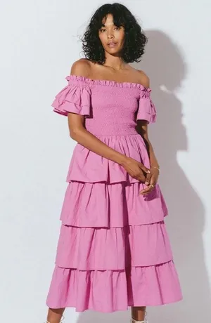 Cleobella NEW Kaiya Tiered Cotton Smocked Ruffle Sleeve Midi Dress Azalea thumbnail 1