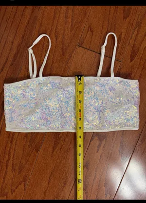 SHEIN iridescent white strappy sequin crop with bag - Size Small. Gently warn & great used condition. embellishments for a sparkly look. Measurements approximately 14.5” from armpit to armpit not fully stretched out x 6” long. Non-smoking home. priced to sell at as is condition. Don’t like my price, make reasonable offer! And thank you for checking my closet. thumbnail 7