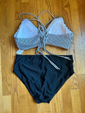 Striped V-Neck Bikini Top with High-Waist Black Bottom - White/Black thumbnail 3