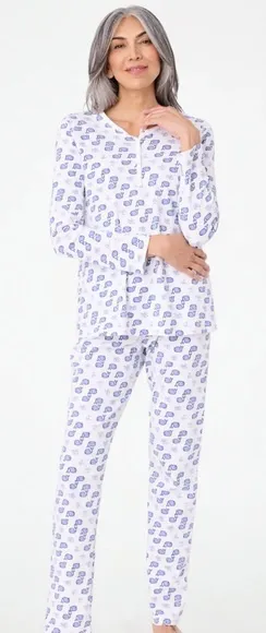 Roller Rabbit Moby Whale Pajamas Set Womens Blue White Pima Cotton PJs thumbnail 1