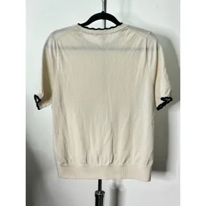 Boden Short Sleeve Sweater Ivory Navy Scalloped Trim Knit Top thumbnail 3