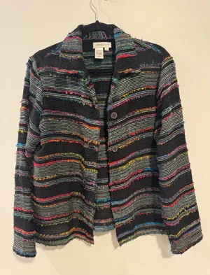 Coldwater Creek Women M Black Multi Color Striped Fringed Knit Artsy Boho Jacket thumbnail 1