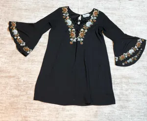 Va Va Joy Han Womens Small Black Embroidered Floral Midi Dress Retro Bell Sleeve thumbnail 1