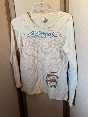 Christian Audigier Cream Long-Sleeve 'True Love' Graphic Tee Large thumbnail 1