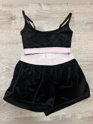 Forever 21 Velour Lounge Set Black Pink Crop Cami & Shorts Pajama Small thumbnail 2
