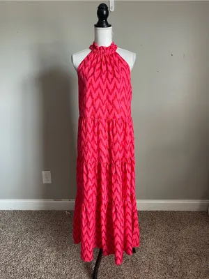 UMGEE | Hot Pink Chevron Print Tiered Halter Maxi Dress Sz S thumbnail 2