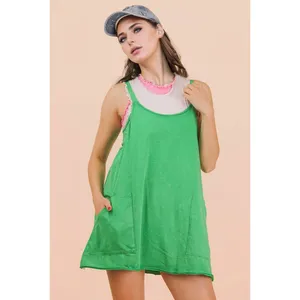 Very J Mineral Washed Green Cotton Romper Mini Dress Small thumbnail 2