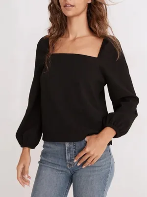 Madewell Crepe Square Neck Puff Sleeve Top in Black Size Small thumbnail 1