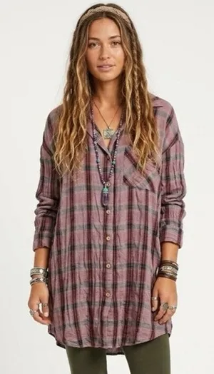 CUTLOOSE Women's XL Plaid Long Sleeve Shirtdress Maroon Burgundy Y2K Grunge thumbnail 1