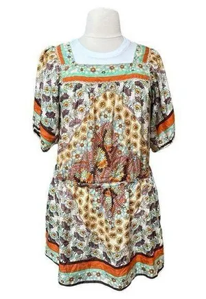 Johnny Was 100% Silk Floral Print Square Neck Boho Dress Size Large *FLAW* thumbnail 1