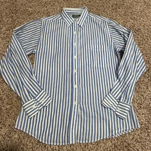 Vintage Izod Lacoste Blue White Striped Button Down Shirt Womens 12 Preppy Logo thumbnail 1