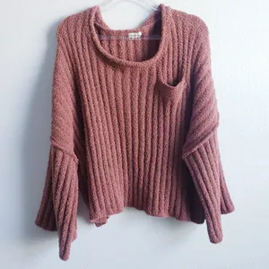 POL Ribbed Fuzzy Knit One Sholder Chunky Sweater thumbnail 2