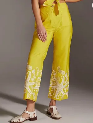 Anthropologie Yellow Wide Leg Pants with White Paisley thumbnail 1