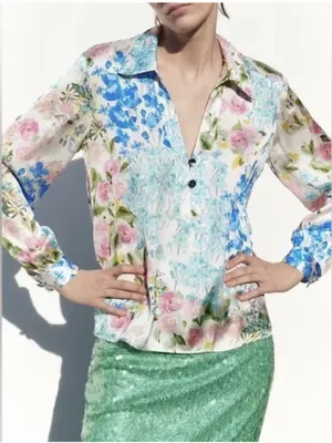 ZARA Satin Effect Floral Shirt thumbnail 1
