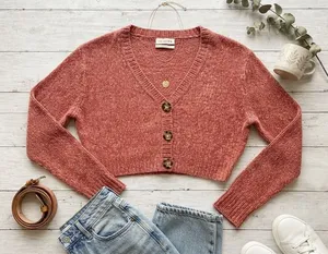 Urban Outfitters Rust Orange Chenille Cropped Cardigan Sweater‎ V-Neck Small thumbnail 1