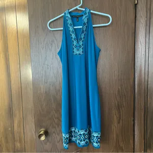 White House Black Market Beaded Turquoise Jersey Embroidered Shift Dress thumbnail 3