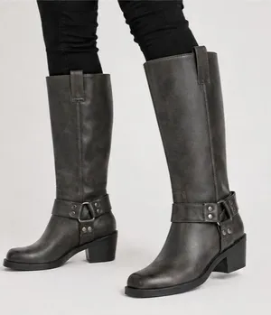 Time and Tru Womens Boots 7.5 Brown Knee Faux Leather High Harness Moto Riding thumbnail 1