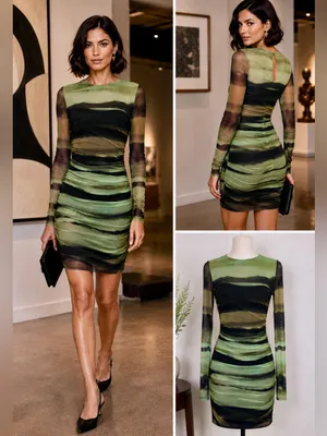 Anthropologie Ruched Sheer Mesh Bodycon Midi Dress Green Black XS🧡🍄 thumbnail 2
