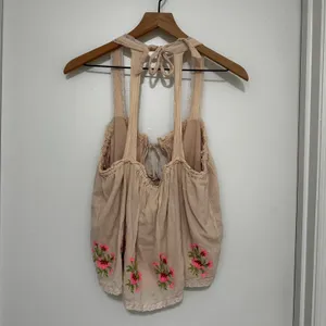 Free‎ People | Embroidered Floral Boho Beige Pink Lace Trim Tie Back Tank Top, M thumbnail 4