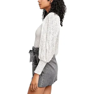 Free People Jasmine Tea Time Long Puff Lace Sleeve‎ Open Back Top Ivory Medium thumbnail 9