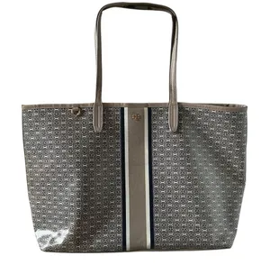 Tory Burch Gemini link large tote in grey coated canvas travel casual handbag thumbnail 1