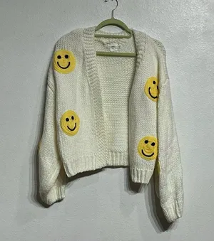 Luna Ivy White Smiley Face Chunky Knit Open Cardigan Sz M thumbnail 2