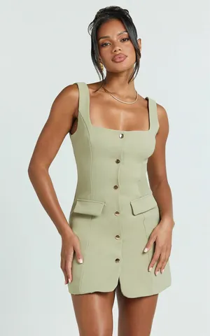 NWT Showpo Kenna Mini Dress Sage Square Neck Gold Button Size US 8 thumbnail 1