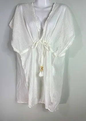 Aerie Women's Beach Coverup Top V Neck Tassel Front White XS‎ NWT thumbnail 1