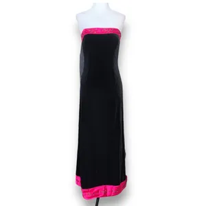 Vintage Dark Romance Velvet Strapless Maxi Dress Black Pink Rose Trim Romantic thumbnail 11