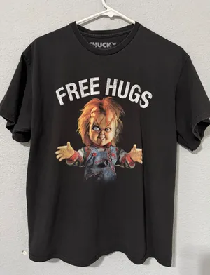 Chucky Free Hugs Horror Movie Graphic Women Tee L Black Cotton Shirt Halloween thumbnail 1
