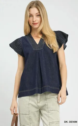 Umgee Cap Sleeve Denim Top - Dk. Denim - Small thumbnail 1