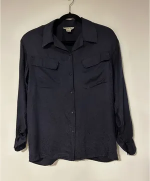 Alex & Amy Womens Navy Blue 100% Silk Jacquard Long Sleeve Button Down Blouse S thumbnail 1