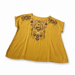 Solitaire Mustard Yellow Embroidered Boho Blouse Rayon Short Sleeve Top 21-232 M thumbnail 2