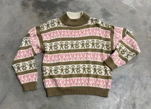 Vintage Dords Mock Neck Sweater Brown Pink Hearts People Knit Acrylic Wool M thumbnail 1