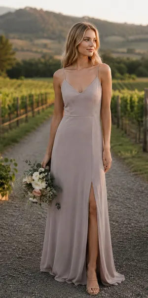 Birdy Grey Jay Crepe Maxi Dress Taupe V-Neck Side Slit Size Medium Bridesmaid thumbnail 1