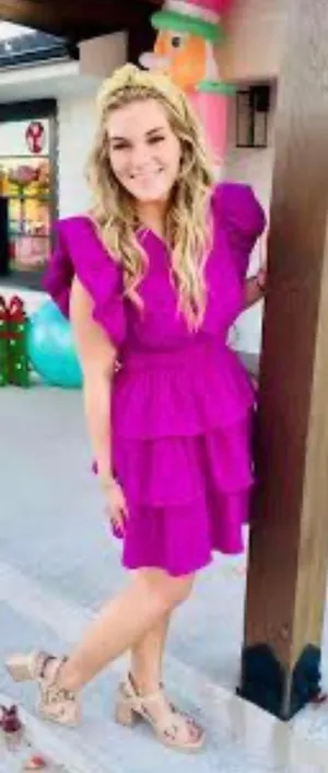 Entro Magenta Purple Ruffle Tiered Mini Dress Smocked Waist V-Neck M Barbiecore thumbnail 1