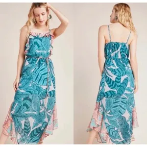 Farm Rio Anthropologie Ruffled Botanical Maxi Dress Tropical Teal‎ Pink Small thumbnail 2